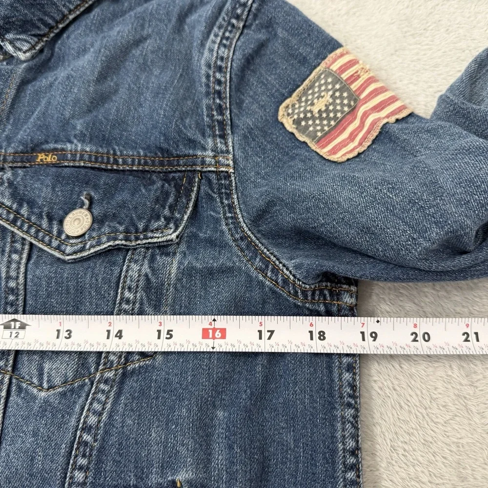 Polo Ralph Lauren Denim Jacket Kid XL (18-20) Blue Trucker USA Flag Patch Button